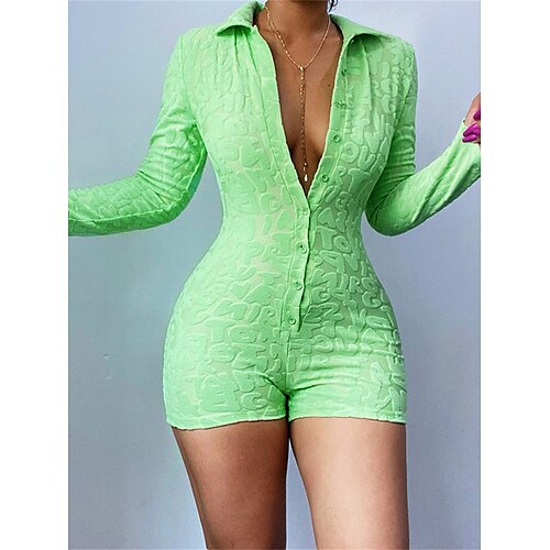 

Combishort Femme Bouton Poche Couleur unie Col de Chemise Actif Intérieur sport Standard manche longue Vert Claire S Printemps