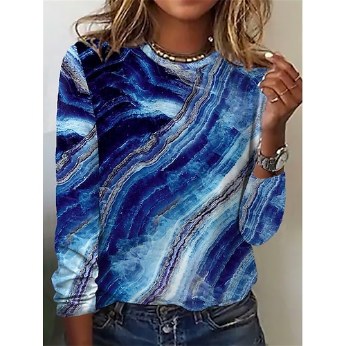 

Women's T shirt Tee Blue Green Graphic Print Long Sleeve Daily Weekend Basic Round Neck Regular Abstract Painting Plus Size S