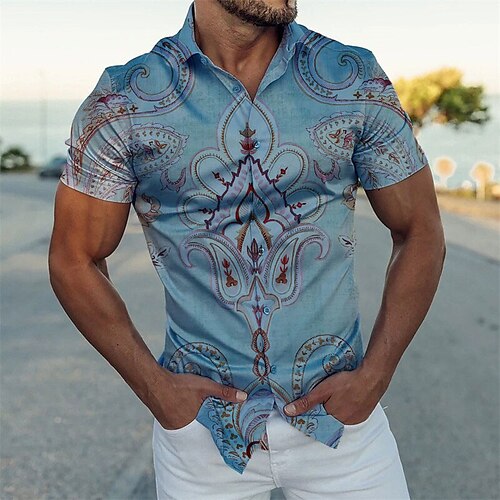 

Hombre Camisa Floral Estampados Cuello Vuelto Azul Piscina Exterior Calle Mangas cortas Abotonar Estampado Ropa Deportes Moda Ropa de calle Design