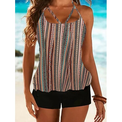 

Dame Badetøj Tankini 2 stk Normal badedragt 2 stk Printer Stribet Rød Tanktop Badedragter Sport Strand Tøj Efterår