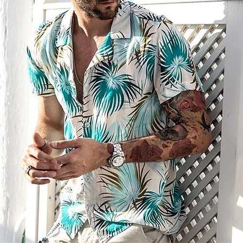 

Homens Camisa Social Camisa havaiana Estampas Abstratas Folhas colar cubano Azul Casual Feriado Manga Curta Botão para baixo Imprimir Roupa Tropical Moda Roupa de rua Havaiana