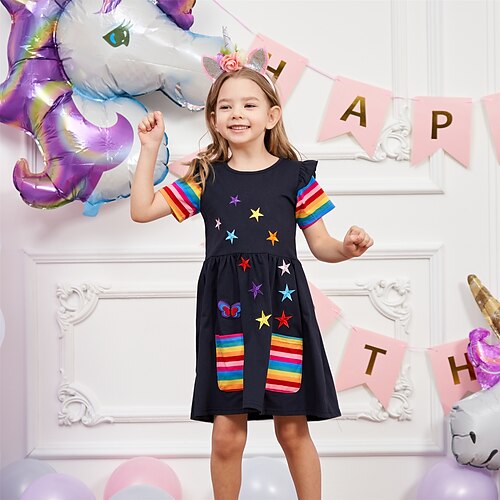 

Bambino (1-4 anni) Da ragazza Vestito Floreale Stella Abito casual Al ginocchio Vestito Scuola Con ricami Cotone Girocollo Manica corta Attivo Vestito 3-7 anni Estate Blu marino