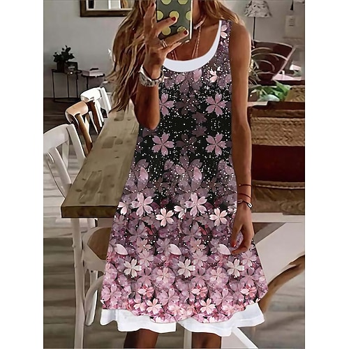 

Mulheres Vestido casual Vestido Tipo Regata Longa Vestido de verão Floral duas peças falsas Imprimir Decote U Minivestido Moda Roupa de rua Ao ar livre Diário Sem Manga Normal Rosa Roxo Claro Verde