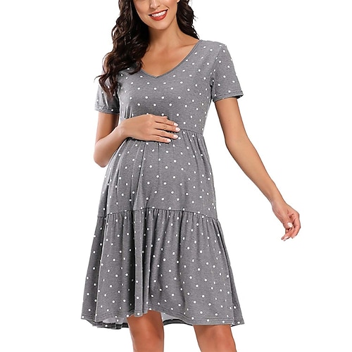 

kvinners baby shower gravidgenser kjole fritidsgenser kjole sommergenser kjole prikkete midi genser kjole kortermet volang v-hals basic svart rosa grå vår sommer s m l xl xxl