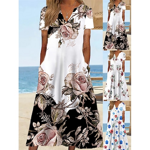 

Dame Afslappet påklædning Sommerkjole Print kjole Blomstret Lomme Trykt mønster V-hals Midikjole Aktiv Mode udendørs Stævnemøde Kortærmet Regulær Hvid Blå Kakifarvet Forår Sommer S M L XL XXL