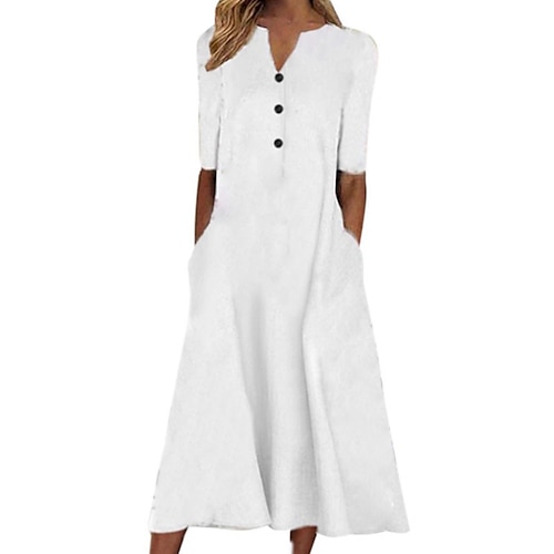 

Women's Casual Dress Cotton Linen Dress A Line Dress Midi Dress Polyester Casual Outdoor Daily Vacation V Neck Button Pocket Short Sleeve Summer Spring 2023 Loose Fit Black White Navy Blue Pure Color