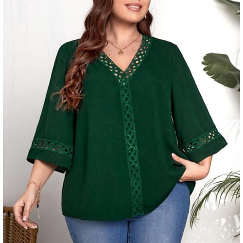 

Mulheres Camisa Social Blusa Verde Tecido Renda Manga 3/4 Casual Básico Decote V Padrão Tamanho Grande XL