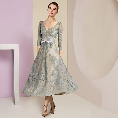 

Linea-A Abito da cerimonia per signora Formale Festa Elegante A V Lunghezza tè Di pizzo Manica a 3/4 con Fiocco (fiocchi) Con applique 2023