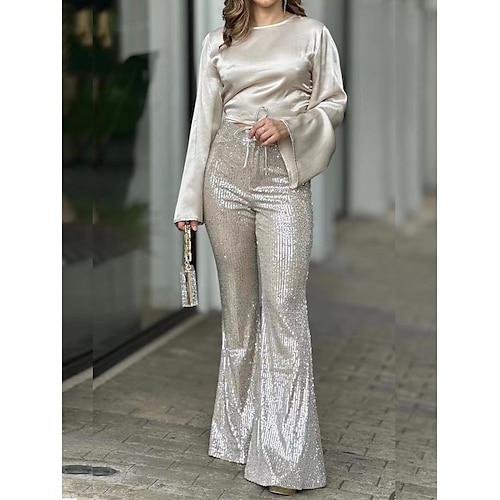 

Damen Jumpsuit Pailletten Feste Farbe Rundhalsausschnitt Elegant Formell Party Ausgehen Regular Fit Langarm Aprikose S M L XL Frühling