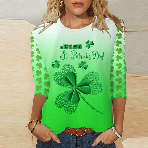 

T shirt Tee Femme Vert herbe Vert Claire Vert Véronèse Feuille Cœur Imprimer Manches 3/4 Vacances Fin de semaine basique Col Rond Normal Standard Fleur Peinture S