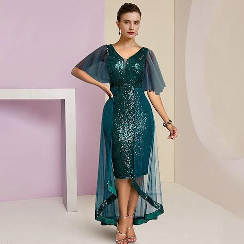 

A tubino Abito da cerimonia per signora Formale Invitati del matrimonio Elegante Brillante e glitterato Orlo asimmetrico A V Al ginocchio Chiffon Con strass Manica corta con A pieghe 2023