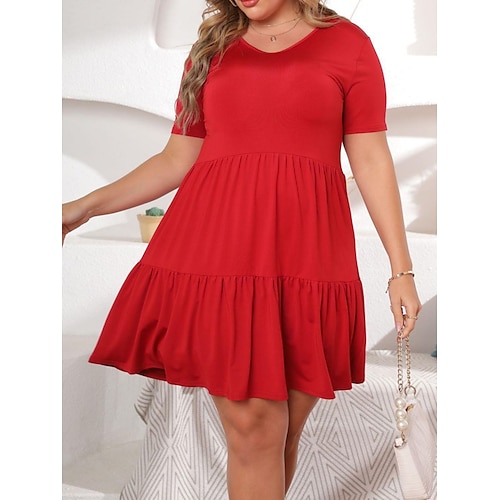 

Per donna Plus Size Abito casual Vestito tubino Vestito svasato Tinta unica Vestito longuette Manica corta Increspato A V Classico Giornaliero Nero Rosso Estate Primavera XL 2XL 3XL 4XL