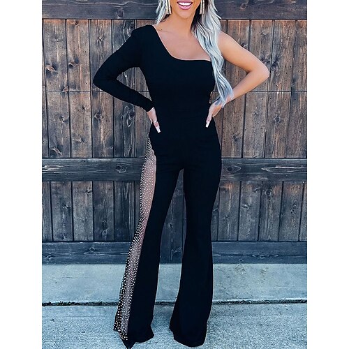 

Women's Jumpsuit Mesh Solid Color One Shoulder Streetwear Vacation Going out Regular Fit Long Sleeve Black S M L Spring