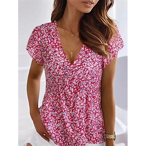 

Mulheres Camiseta Vermelho Azul Roxo Floral Imprimir Manga Curta Casual Diário Básico Decote V Padrão Tema Flores S