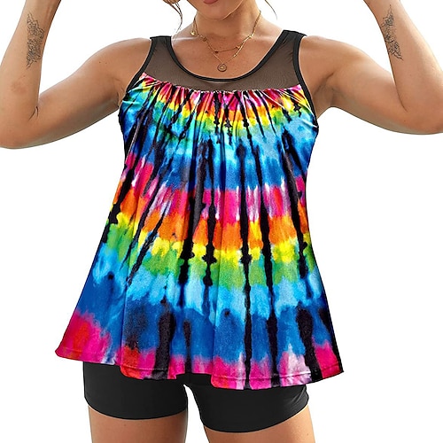 

Mulheres Roupa de Banho Tankini 2 partes Normal roupa de banho 2 Peças Estampado Tintura Tie Dye Vermelho Azul Marinha Azul Roxo Malha Íntima Fatos de banho Esportivo Verão