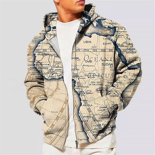 

Homens Full Zip Hoodie Jaqueta Cáqui Com Capuz Mapa Estampas Abstratas Zíper Imprimir Desportos e Ar livre Diário Esportes Impressão 3D Roupa de rua Designer Casual Primavera Outono Roupa Moletons