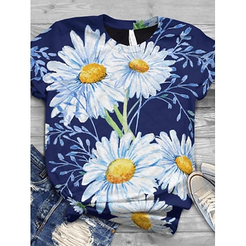 

Damen T Shirt Blau Blumen Bedruckt Kurzarm Festtage Wochenende Basic Rundhalsausschnitt Standard Blume Farbe S