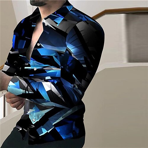 

Homens Camisa Social Estampas Abstratas Geometria Aberto para a Lateral Amarelo Vermelho Azul Ao ar livre Rua Manga Longa Botão para baixo Imprimir Roupa Moda Roupa de rua Designer Macia