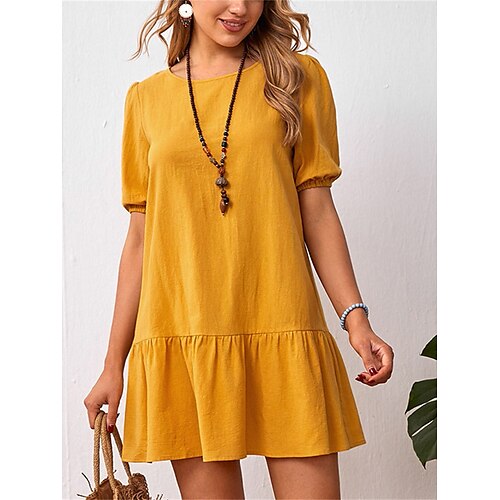 

Per donna Abito in cotone e lino Abito casual Mini abito Misto cotone Essenziale Informale Esterno Giornaliero Girocollo Increspato Manica corta Estate Primavera 2023 Morbido Nero Giallo Azzurro cielo
