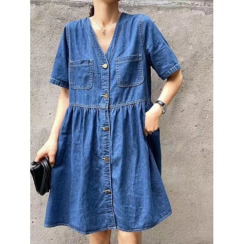 

Dame Uformell kjole Denim skjortekjole Midikjole Denimstoff Mote Fritid utendørs Daglig Feriereise V-hals Knapp Lomme Kortermet Sommer Vår Høst 2023 Normal Blå عادي M L XL 2XL