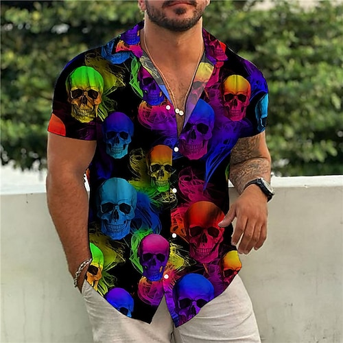 

Herren Hemd Hawaiihemd Sommerhemd Totenkopf Motiv Grafik-Drucke Umlegekragen Blau Purpur Grau Strasse Casual Kurze Ärmel Button-Down Bedruckt Bekleidung Tropisch Sport Strassenmode Designer