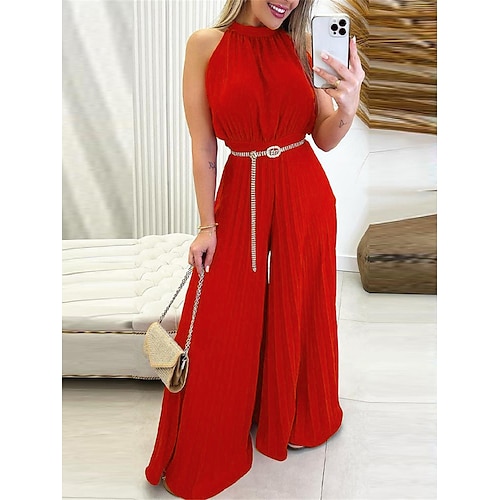 

Mujer Mono Plisado Alta cintura Color sólido Cuello halter Ropa de calle Diario Noche Ajuste regular Sin Mangas Negro Rojo S M L Primavera