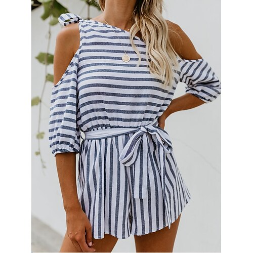 

Combishort Femme Découpé Imprimer Rayé Une Epaule Vêtement de rue du quotidien Vacances Standard Manche Courte Bleu S Printemps