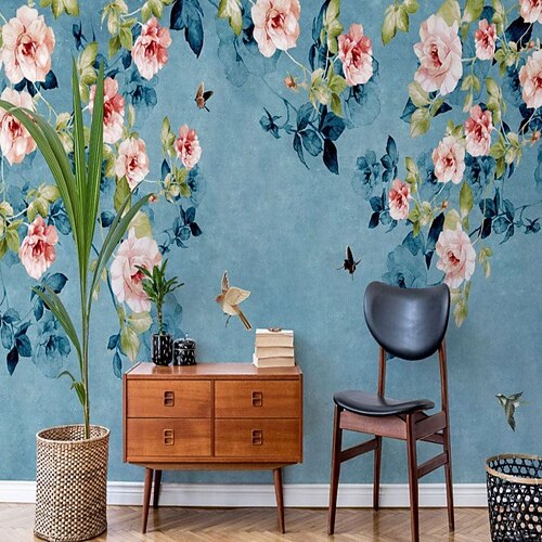 

Floral Wallpaper Mural Blue Flowers Wall Covering Sticker Peel and Stick Removable PVC/Vinyl Material Self Adhesive/Adhesive Required Wall Decor for Living Room Kitchen Bathroom