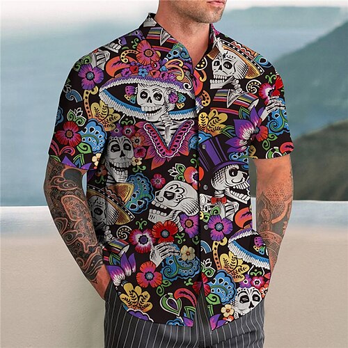 

Herren Hemd Hawaiihemd Sommerhemd Blumen Totenkopf Motiv Grafik-Drucke Umlegekragen Schwarz Regenbogen Strasse Casual Kurze Ärmel Button-Down Bedruckt Bekleidung Tropisch Sport Strassenmode Designer