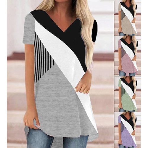 

Damen T Shirt Hellgrün Rote Khaki Graphic Farbblock Patchwork Bedruckt Kurzarm Heim Casual Vintage Boho V Ausschnitt Lang Böhmisches Thema Geometrisch S