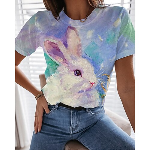 

Dame T-shirt Blå Grafisk påske Trykt mønster Kortærmet Daglig Weekend Basale Rund hals Normal Maleri S