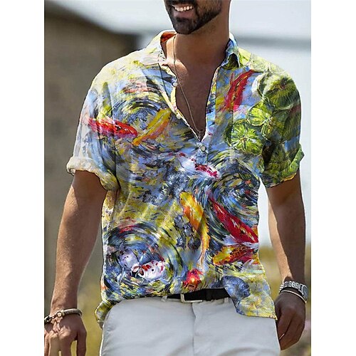 

Hombre Camisa camisa hawaiana Estampados Cuadro al Óleo Cuello Vuelto Azul Piscina Casual Festivos Manga Corta Abotonar Estampado Ropa Tropical Moda Ropa de calle Hawaiano