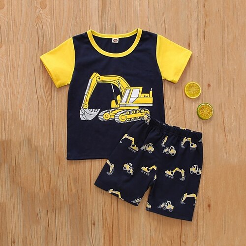 

2 deler Baby Gutt T-skjorter og shorts Antrekk Tegneserie Kortermet Sett utendørs Mote Daglig Sommer Vår 3-7 år Mørkeblå