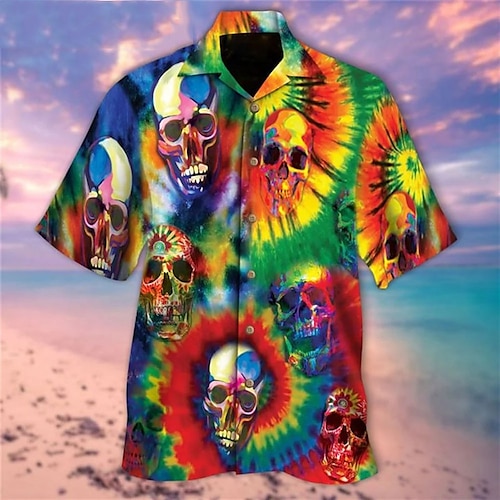 

Herren Hemd Hawaiihemd Sommerhemd Totenkopf Motiv Batik Grafik-Drucke Umlegekragen Regenbogen Casual Festtage Kurzarm Button-Down Bedruckt Bekleidung Tropisch Modisch Hawaiianisch Weich