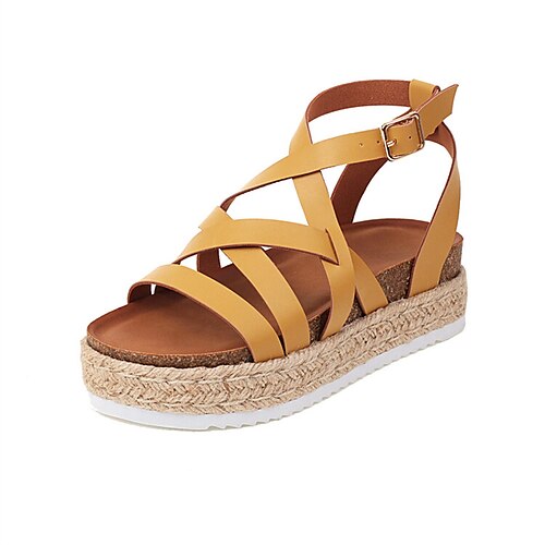 

Femme Sandales Espadrilles du quotidien Talon Plat Bout ouvert Décontractées Polyester Lanière de cheville Couleur unie Noir Blanche Jaune