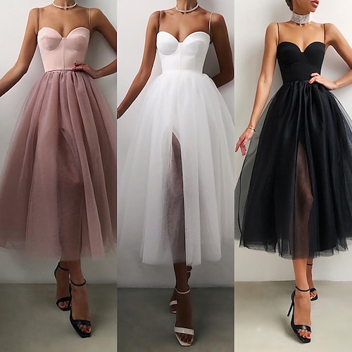 

Vestido informal para mujer, vestido midi, negro, rosa, blanco, sin mangas, color puro, malla, otoño, primavera, tirantes finos, romántico, cumpleaños, 2022, s, m, l, xl, xxl