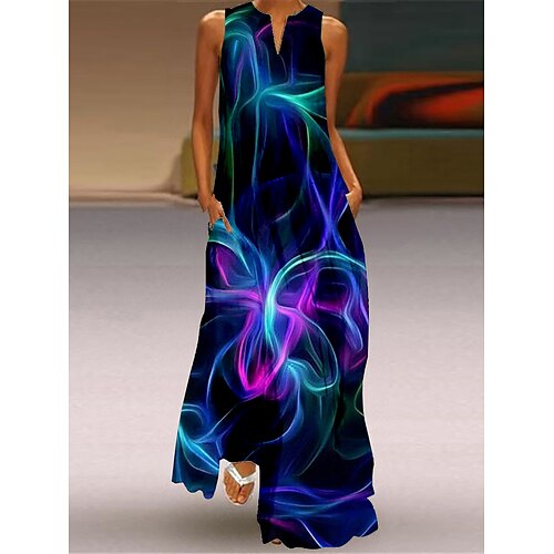 

Dame Lang kjole Maxikjole Uformell kjole Swingkjole Print kjole Abstrakt Fritid Romantikk Ferie Feriereise Strand Lomme Trykt mønster Ermeløs V-hals Kjole Løstsittende Blå Vår Sommer S M L XL XXL