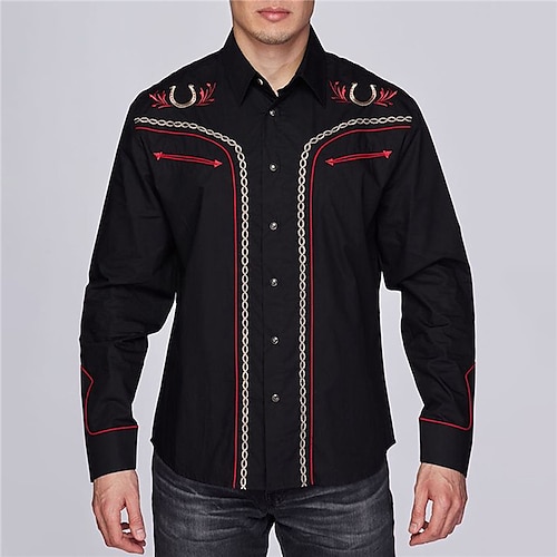 

Hombre Camisa camisa occidental Estampados Cuello Vuelto Rojo Azul Piscina Exterior Calle Manga Larga Abotonar Estampado Ropa Moda Ropa de calle Design estilo occidental