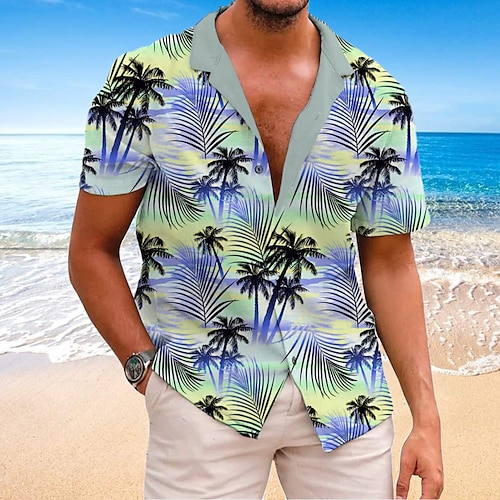 

Homens Camisa Social Camisa havaiana Coqueiro Estampas Abstratas Folhas colar cubano Amarelo Rosa Verde Casual Feriado Manga Curta Botão para baixo Imprimir Roupa Tropical Moda Roupa de rua Havaiana