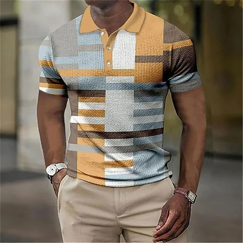 

Men's Polo Shirt Golf Shirt Waffle Polo Shirt Striped Graphic Prints Geometry Turndown Yellow Blue Purple Orange Green Outdoor Street Short Sleeves Button-Down Print Clothing Apparel Fashion Designer