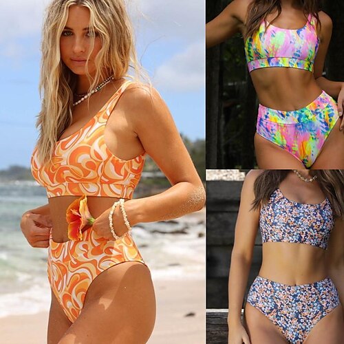 

Damen Badeanzug Bikinis Normal Bademode 2 Teile Print Batik Blumen Rosa Blau Orange Badeanzüge Sport Sommer