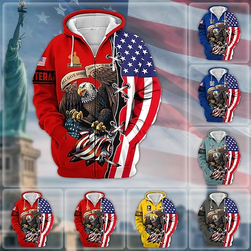 

Men's Full Zip Hoodie Jacket Yellow Red Navy Blue Green Gray Hooded Graphic Prints Eagle National Flag Zipper Print Sports & Outdoor Daily Sports 3D Print Streetwear Designer Casual Spring & Fall