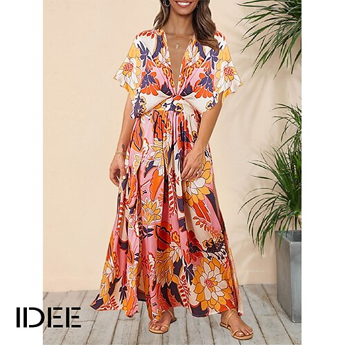 

Per donna Abito lungo Abito lungo Abito casual Vestito svasato Abito boho Floreale Di tendenza Streetwear Esterno Giornaliero Per eventi Spacco Stampa Manica corta A V Vestito Standard Giallo Rosso