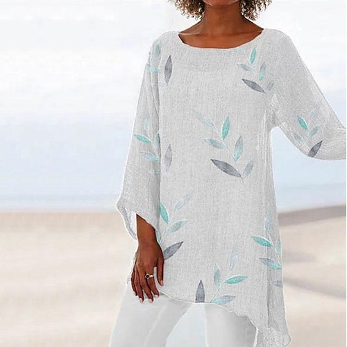 

Chemise Chemisier Femme Blanche Rouge Bleu Feuille Asymétrique Imprimer manche longue Casual Vacances basique Col Rond Longue Standard Fleur S