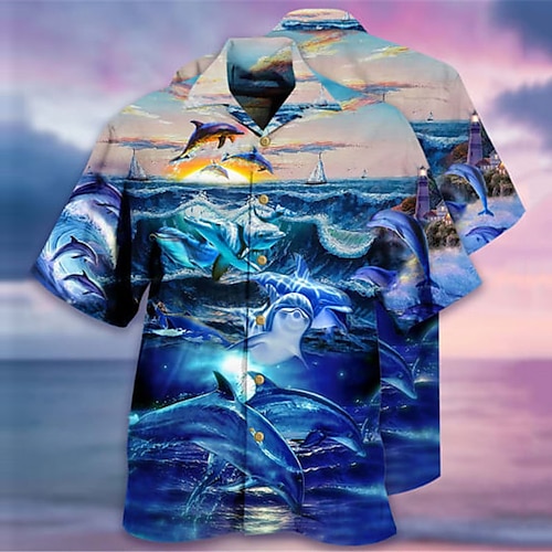 

Hombre Camisa camisa hawaiana Animal Estampados Delfín Cuello Vuelto Azul Piscina Casual Festivos Manga Corta Abotonar Estampado Ropa Tropical Moda Hawaiano Suave