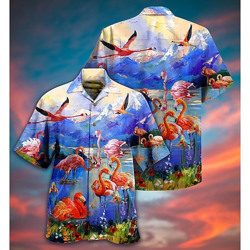 

Homens Camisa Social Camisa havaiana Flamingo Estampas Abstratas Aberto para a Lateral Azul Casual Feriado Manga Curta Botão para baixo Imprimir Roupa Tropical Moda Roupa de rua Havaiana