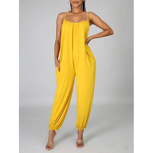 

Damen Jumpsuit Rückenfrei Tasche Feste Farbe Rundhalsausschnitt Strassenmode Casual Täglich Urlaub Regular Fit Spaghettiträger Schwarz Gelb Blau S M L XL Frühling