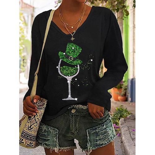 

Women's T shirt Tee Graphic Shamrock St.Patrick's Day Daily Weekend Black Print Long Sleeve Basic Funny V Neck Regular Fit Fall & Winter