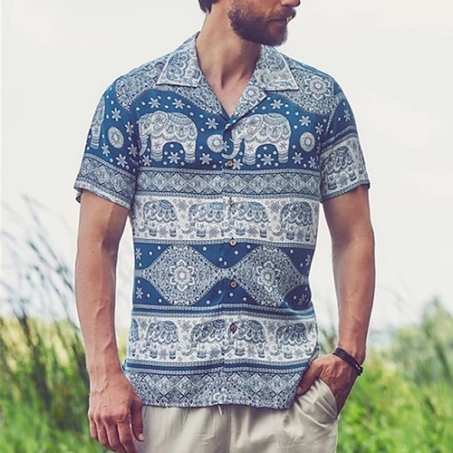 

Men's Shirt Summer Hawaiian Shirt Tribal Graphic Prints Vintage Turndown Blue Casual Holiday Short Sleeve Button-Down Print Clothing Apparel Tropical Fashion Streetwear Hawaiian