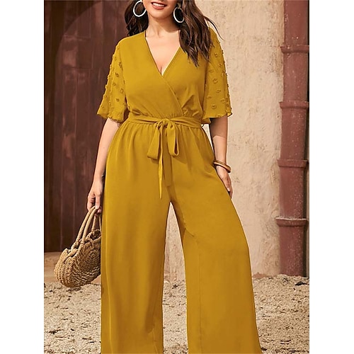 

Women's Jumpsuit Pocket High Waist Solid Color V Neck Streetwear Daily Going out Regular Fit Half Sleeve Yellow Blue L XL XXL Spring